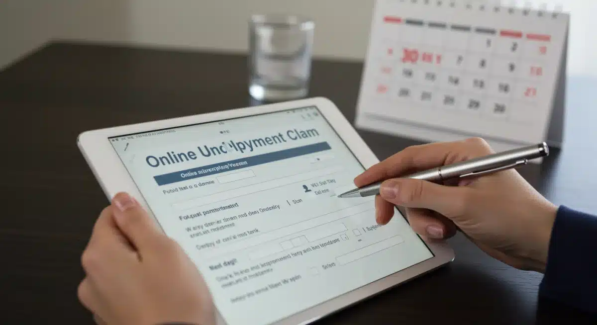 Hand filling out 2026 unemployment claim form online.