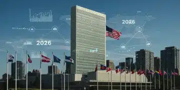 United Nations headquarters with global data overlay, representing 2026 UN Security Council resolutions impact on US national security.