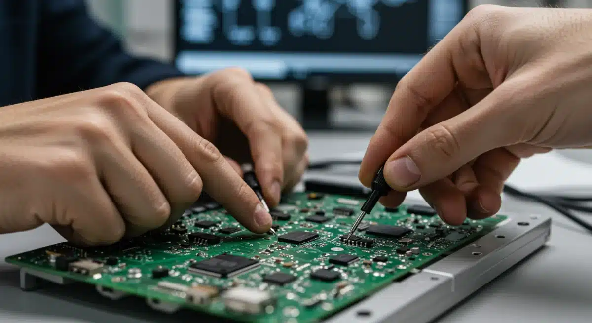 Hands working on a circuit board, demonstrating practical skills gained through apprenticeships.