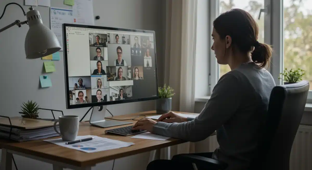 Professional engaging in virtual meeting from home office, symbolizing flexible work-life balance