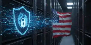 Secure data center with digital shield, symbolizing international cybersecurity defense for US infrastructure.