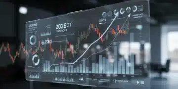 Futuristic financial dashboard displaying 2026 US stock market predictions with AI analytics