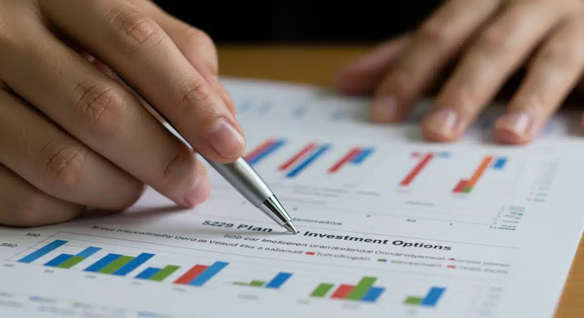 Hand pointing to 529 plan investment options on a financial document with graphs.
