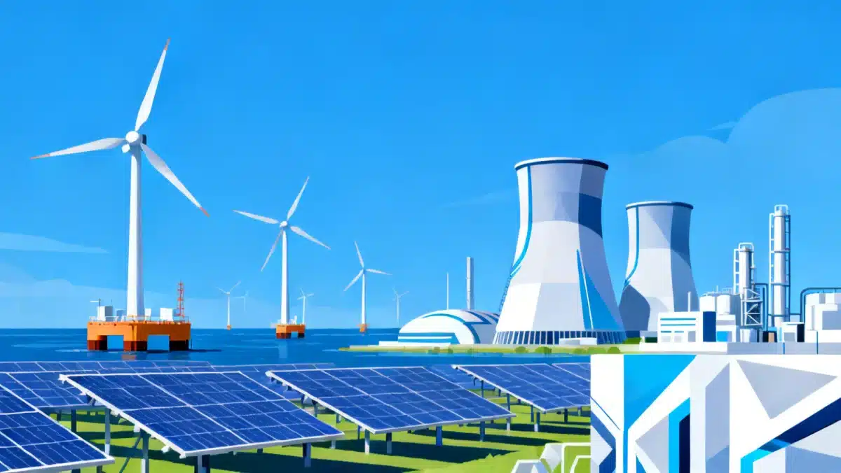 Diverse renewable energy technologies like wind, solar, and hydrogen production in a futuristic landscape.