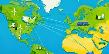 Global map illustrating energy transition policies in the US and Europe with renewable energy symbols.