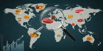Global food security map with financial graphs over US, symbolizing economic impact.