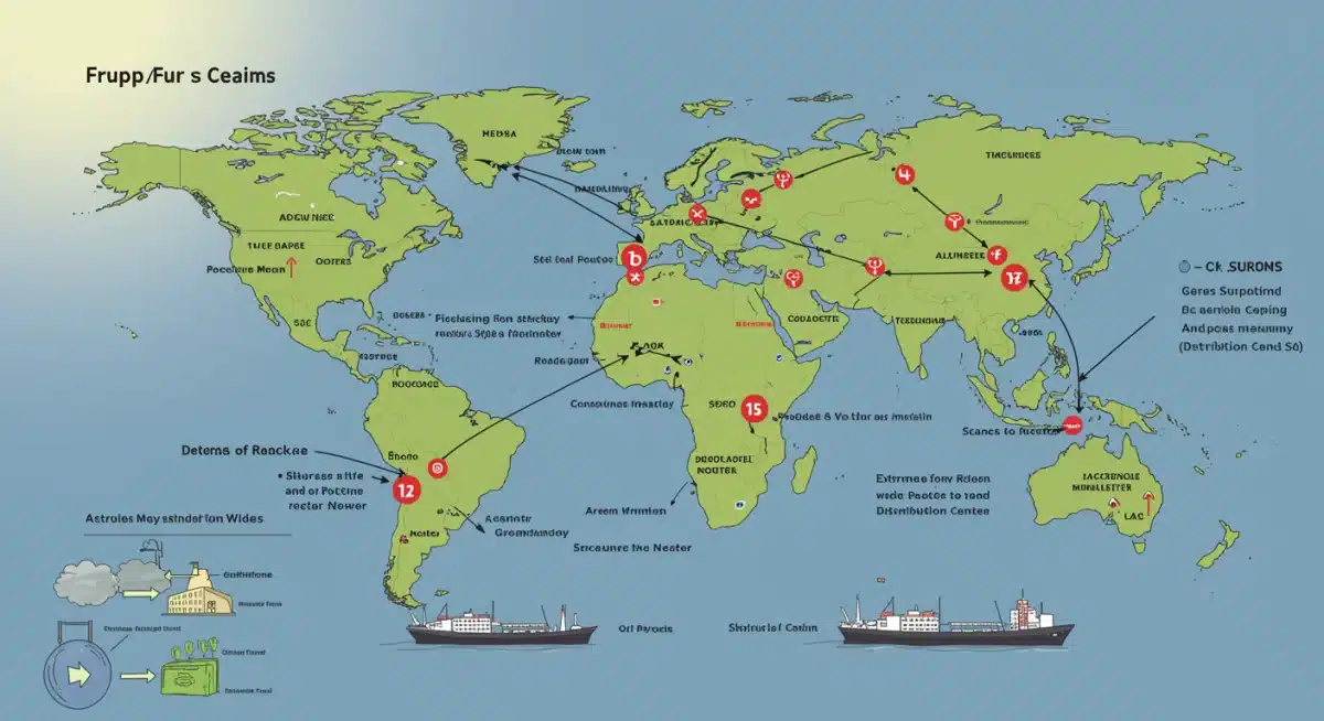 Complex global food supply chain diagram with red highlighted disruption points.