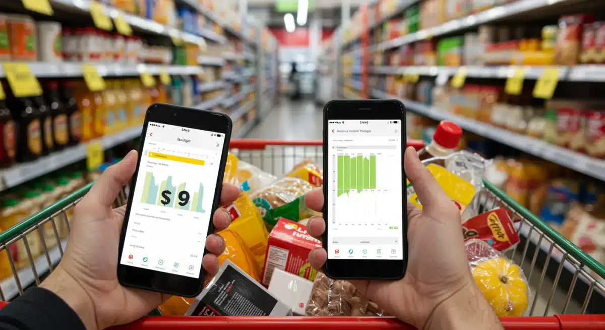 Grocery cart with rising food prices and a hand budgeting on a smartphone.