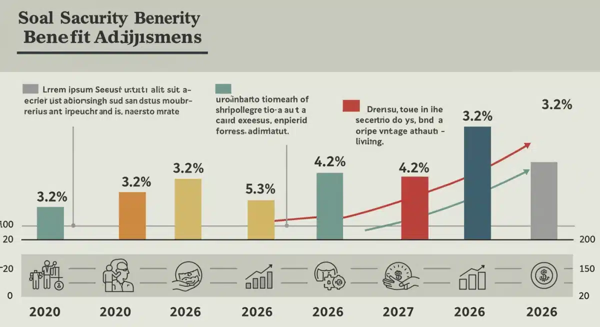 Infographic depicting Social Security benefit adjustments timeline leading to 3.2% increase in 2026