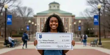 Student with $5000 scholarship check, university background