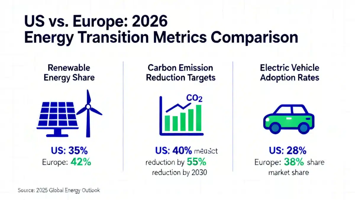 Infographic comparing 2026 energy transition metrics for the United States and European Union.