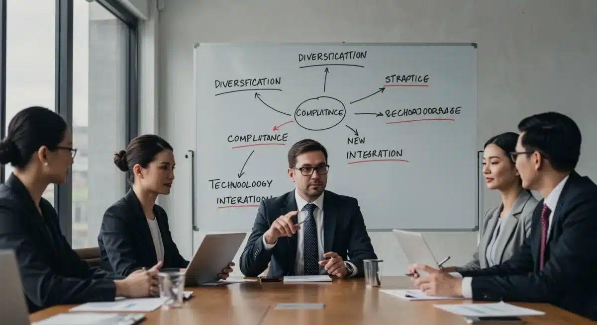 Business team strategizing for sanctions compliance and market diversification