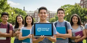 Diverse students confidently preparing for university applications, Common App on tablet.