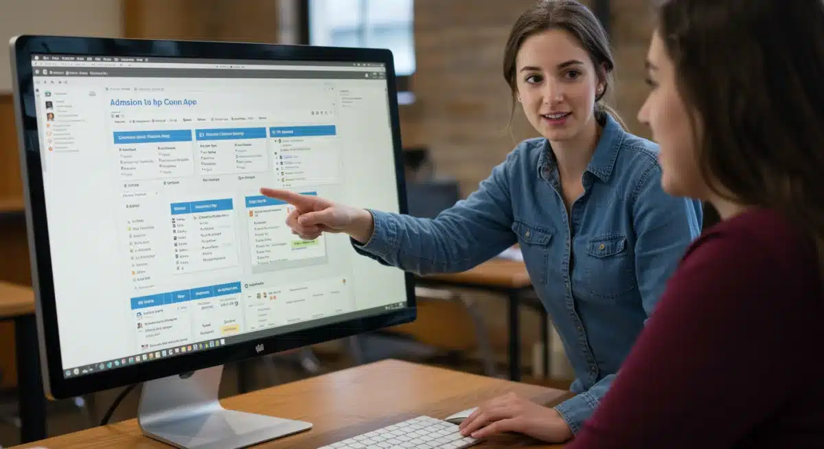 Admissions counselor guiding student through Common App sections on a computer.