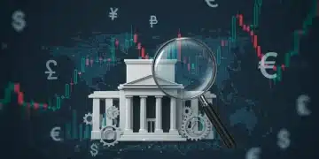 Federal Reserve building with magnifying glass over economic data, illustrating policy analysis and market impact.