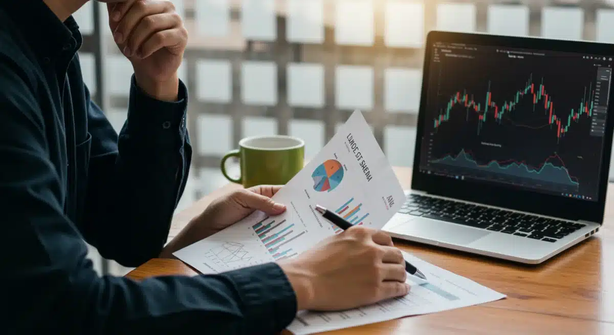 Person reviewing financial documents and investment charts on a laptop, focused on financial planning.