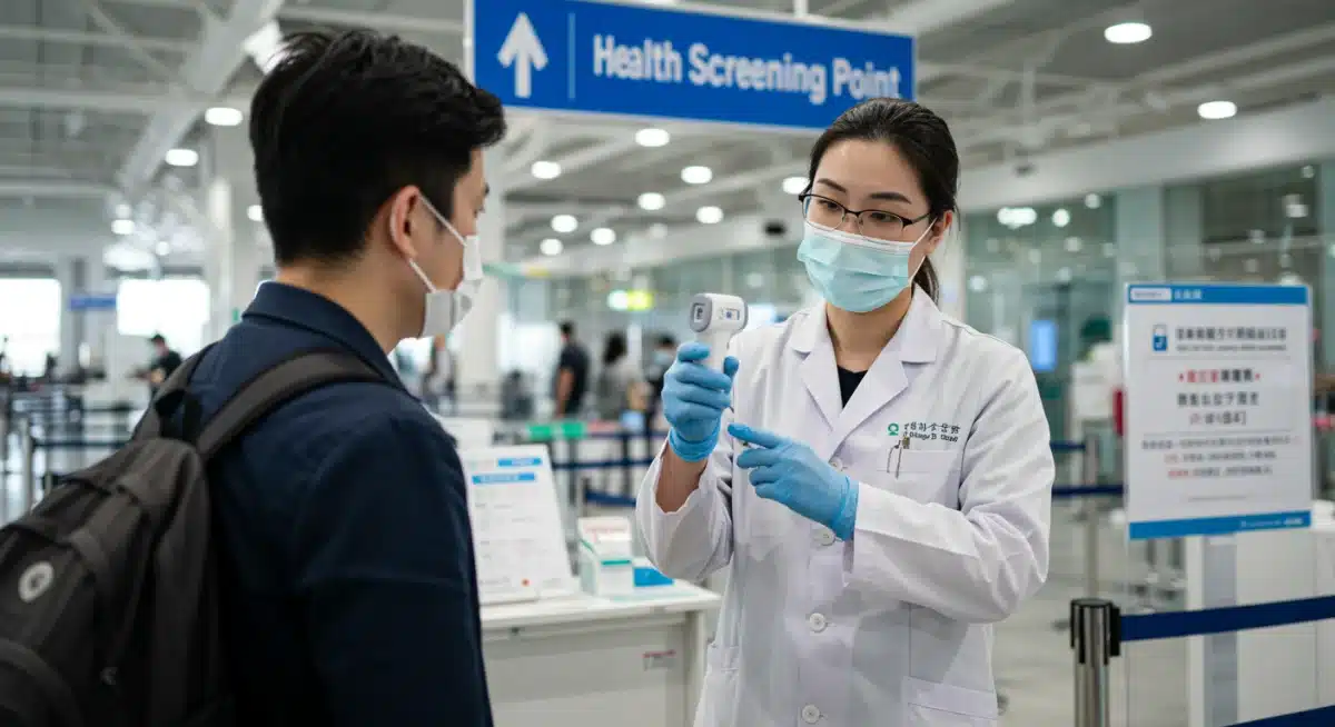 Medical professional explaining health screening procedures to a traveler.