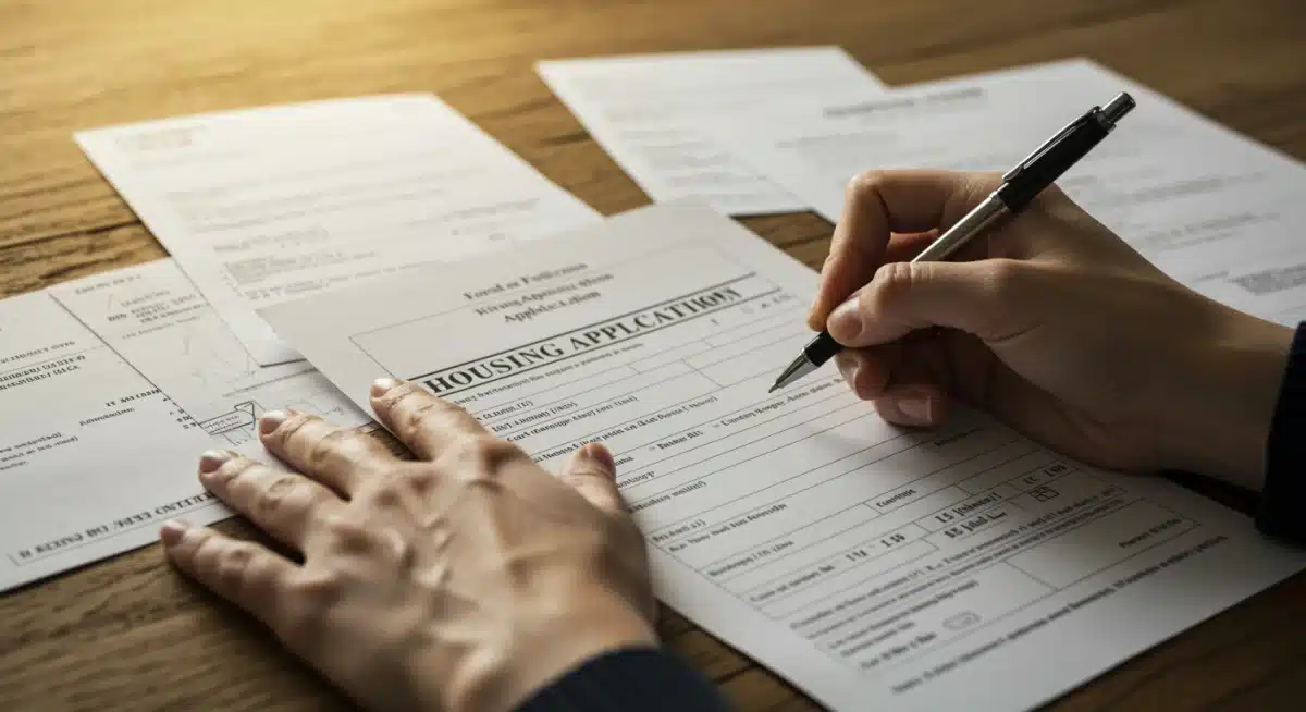 Hands filling out a housing assistance application form, detailing the rigorous application process for Housing Choice Vouchers.