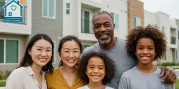 Family smiling in front of an affordable apartment building, representing housing stability with Section 8 vouchers.