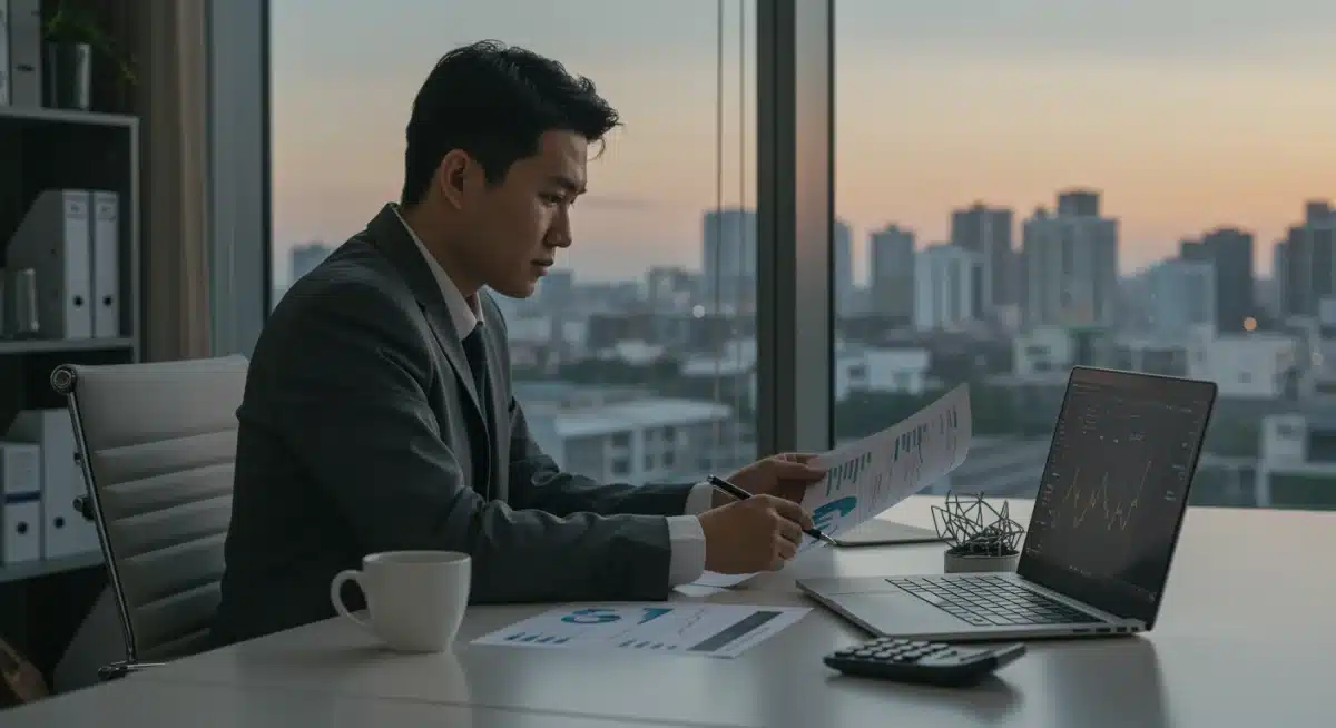 Person reviewing financial documents and investment charts for strategic planning.