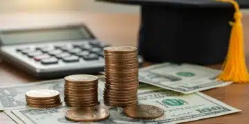 Financial savings from student loan refinancing with calculator and graduation cap.