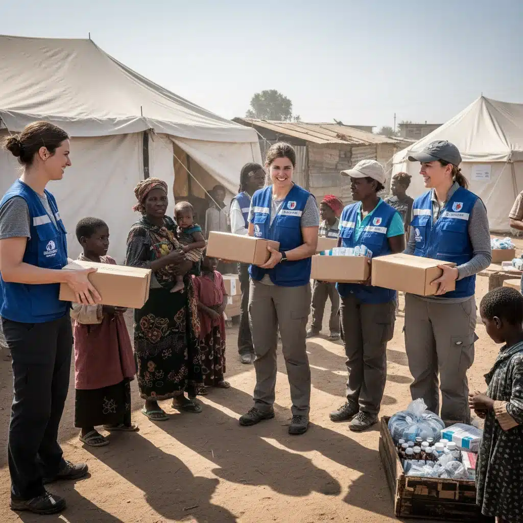 International aid workers distributing food and medical supplies to refugees.