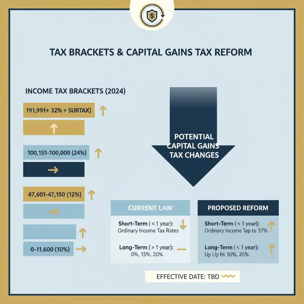 Infographic showing potential capital gains tax rate adjustments for 2026