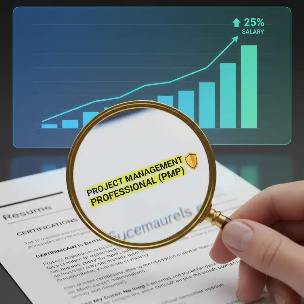 Magnifying glass over resume showing certification and salary boost