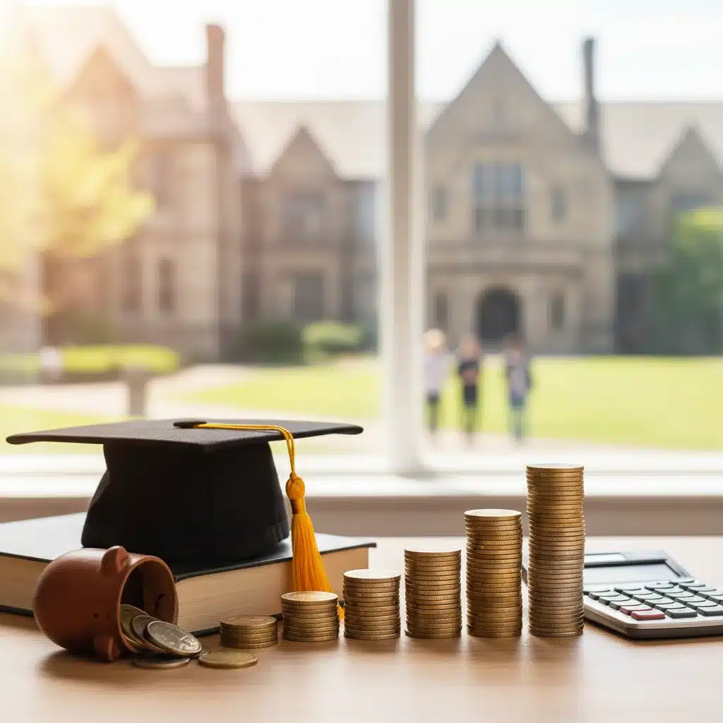 Financial planning for college with coins, calculator, and graduation cap