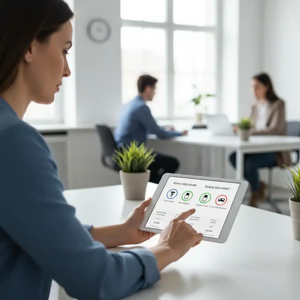 Individual comparing various health insurance plans on a digital device.