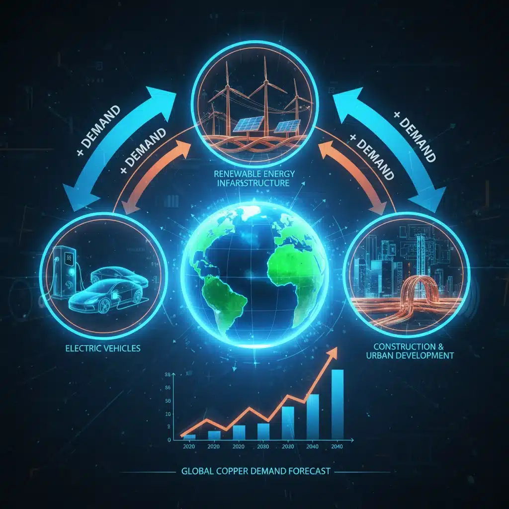Infographic depicting the soaring global demand for copper in electric vehicles and renewable energy.