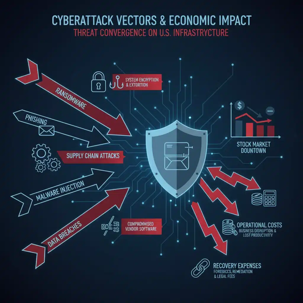 Infographic illustrating diverse cyberattack vectors leading to financial losses in U.S. infrastructure.