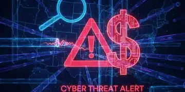 Digital representation of cybersecurity threats impacting U.S. financial infrastructure, with data flows and a warning sign.