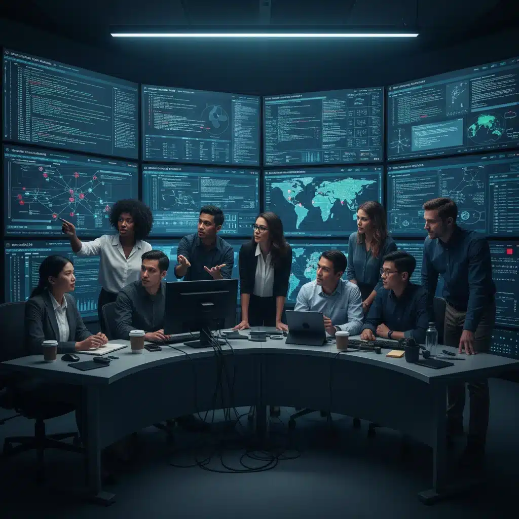 Cybersecurity team collaborating in a security operations center, analyzing threat intelligence and developing defense strategies.