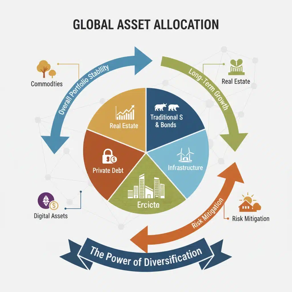 Infographic showing a diversified investment portfolio with allocations to alternative assets for stability.