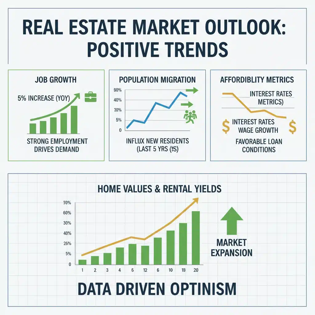 Infographic displaying economic indicators and growth trends for top real estate markets.