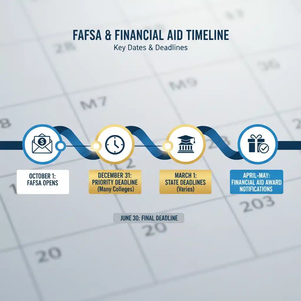Timeline showing important FAFSA deadlines and key dates