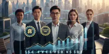 Professionals analyzing future job market trends with holographic certifications