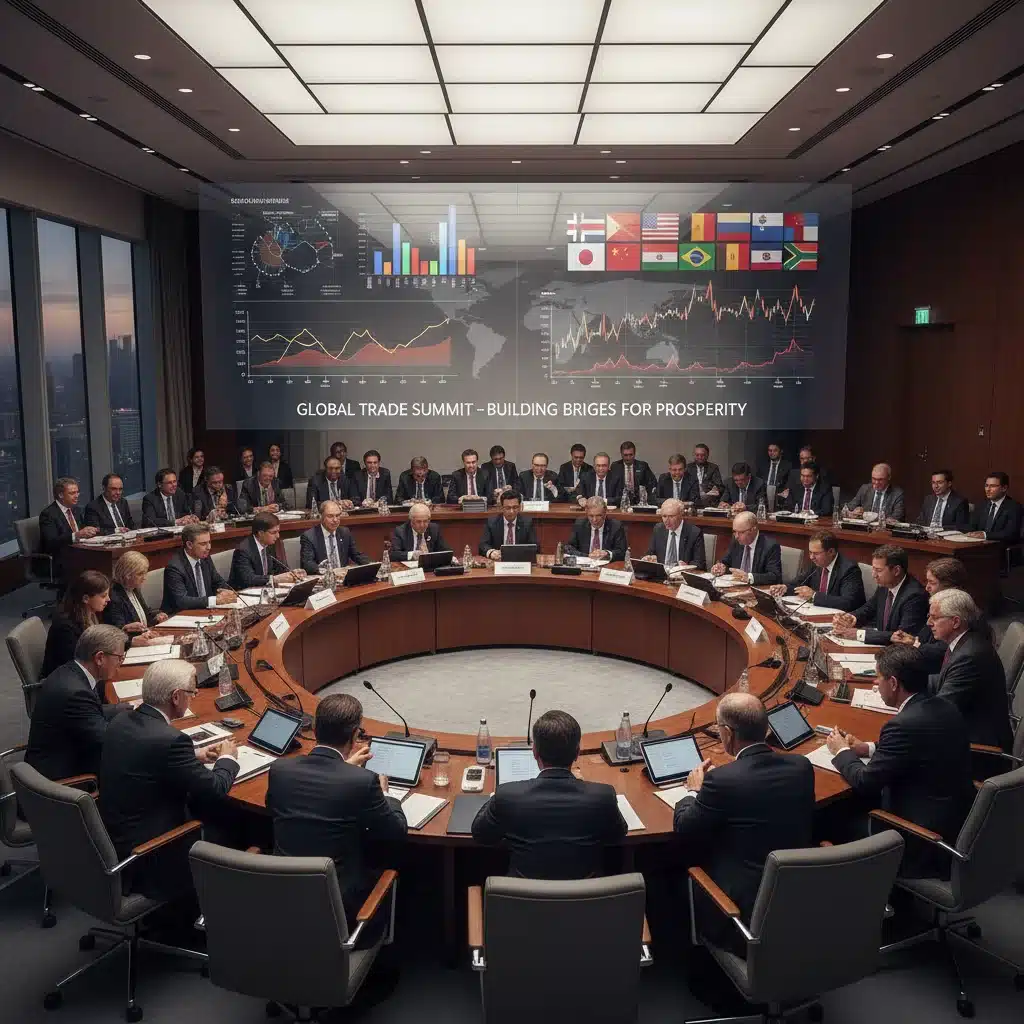International delegates discussing future trade policies and economic cooperation