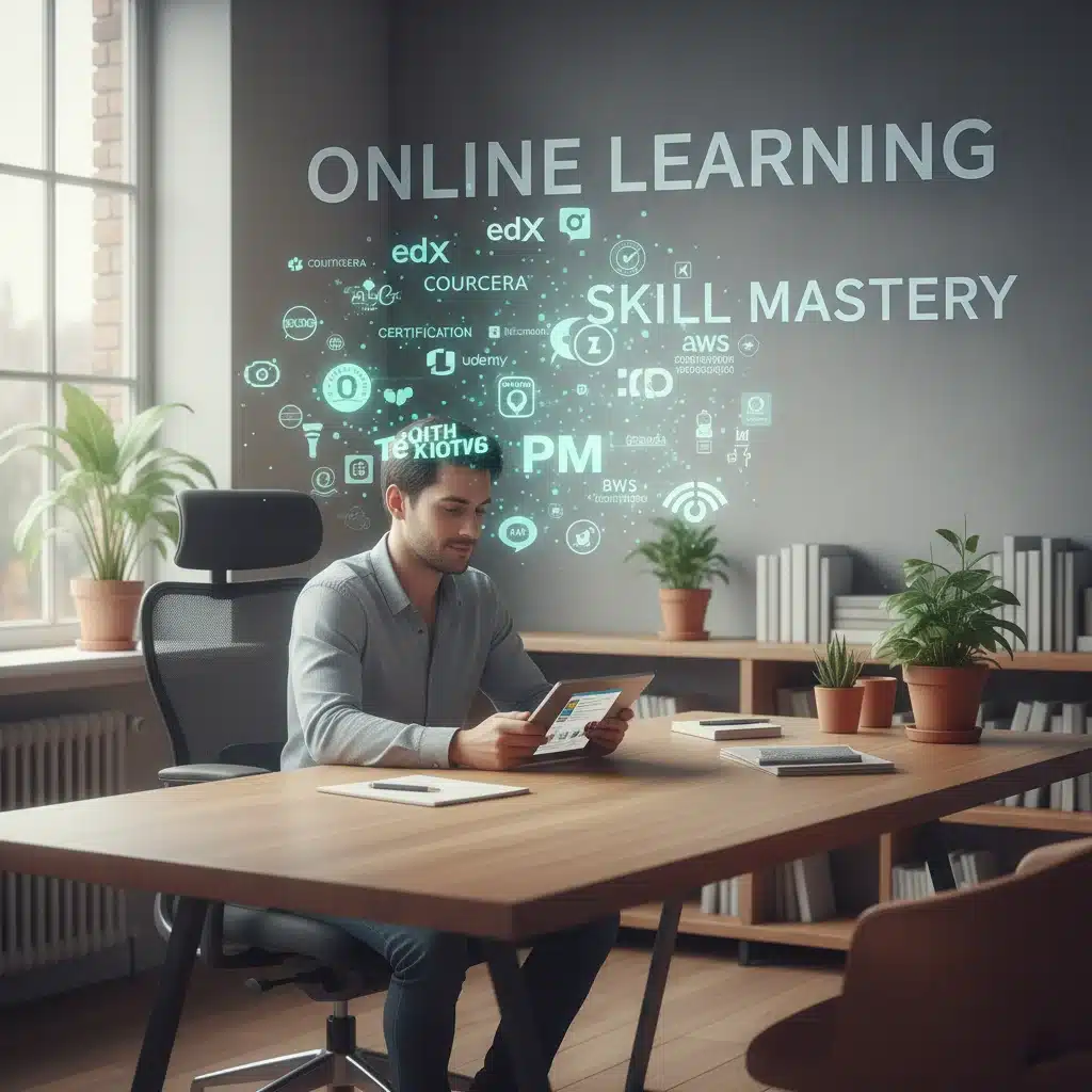 Individual engaging in online learning for professional certifications