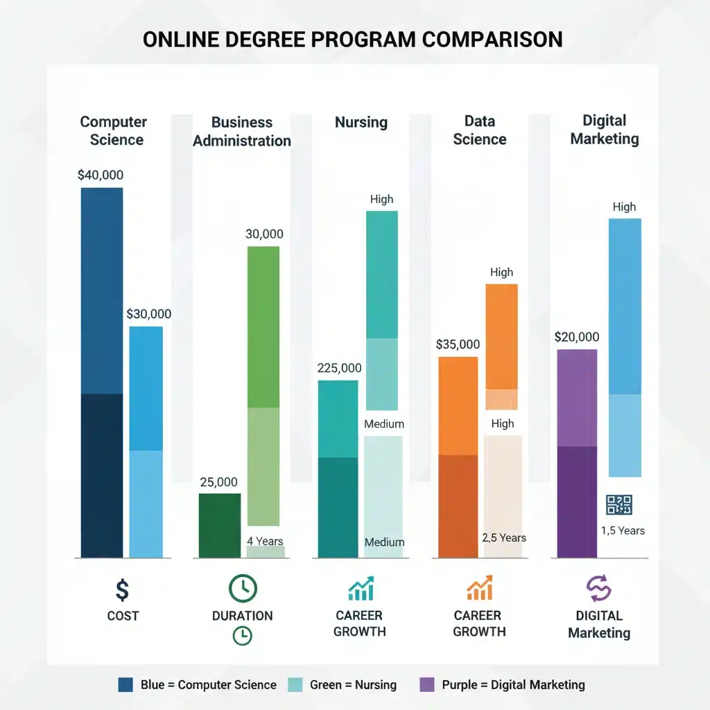Infographic comparing key metrics of various online degree programs including cost, duration, and career growth.