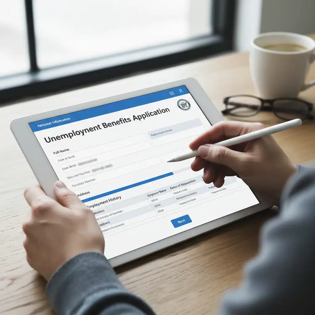 Hands completing online unemployment benefits application form