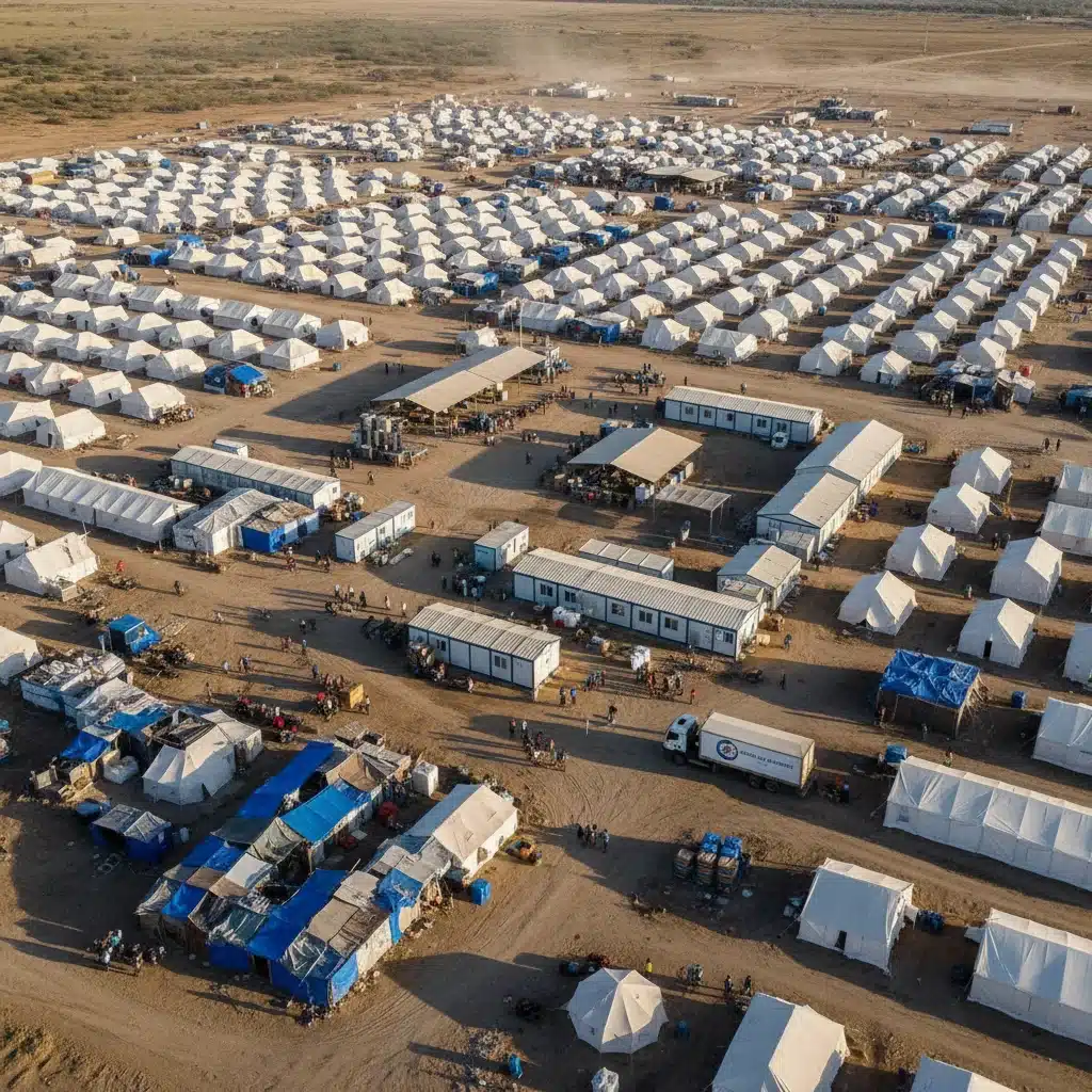Aerial view of a well-organized refugee camp with tents and aid infrastructure.