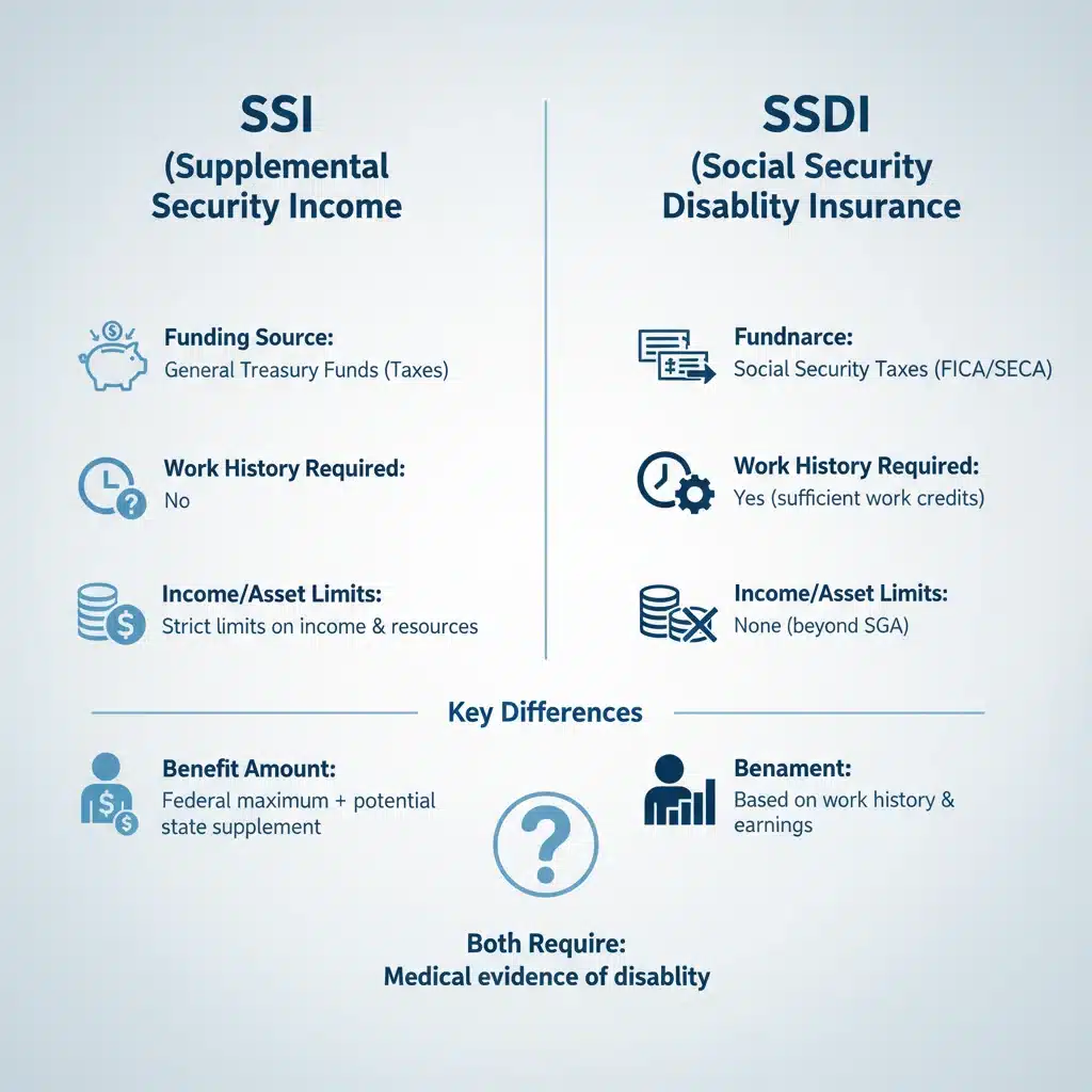 Infographic comparing SSI and SSDI eligibility and benefits