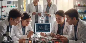 High school students collaborating on a STEM project in a science lab