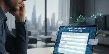 Person researching 2026 unemployment benefits application on laptop