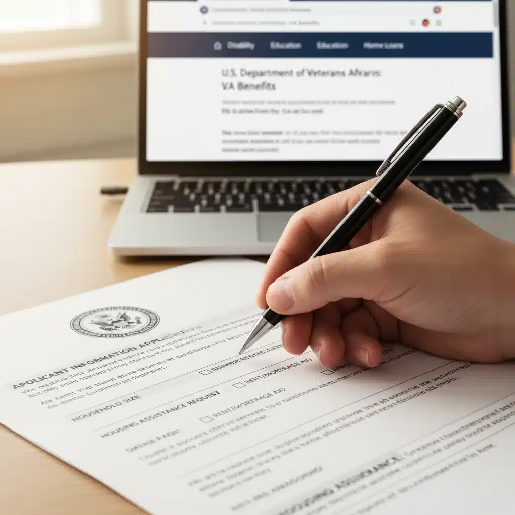 Hand filling out veteran housing assistance application form