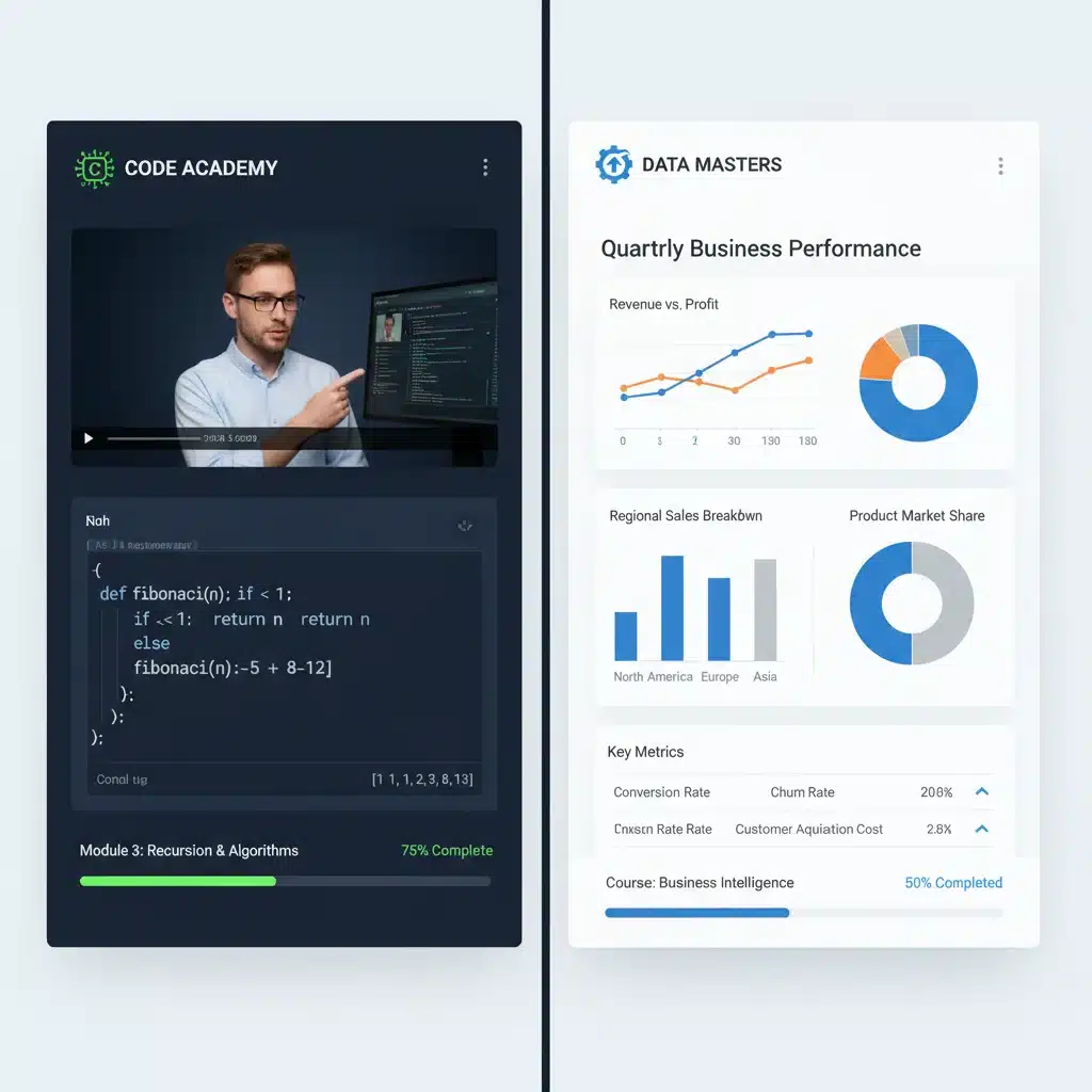 Comparison of different online learning platform interfaces and course content