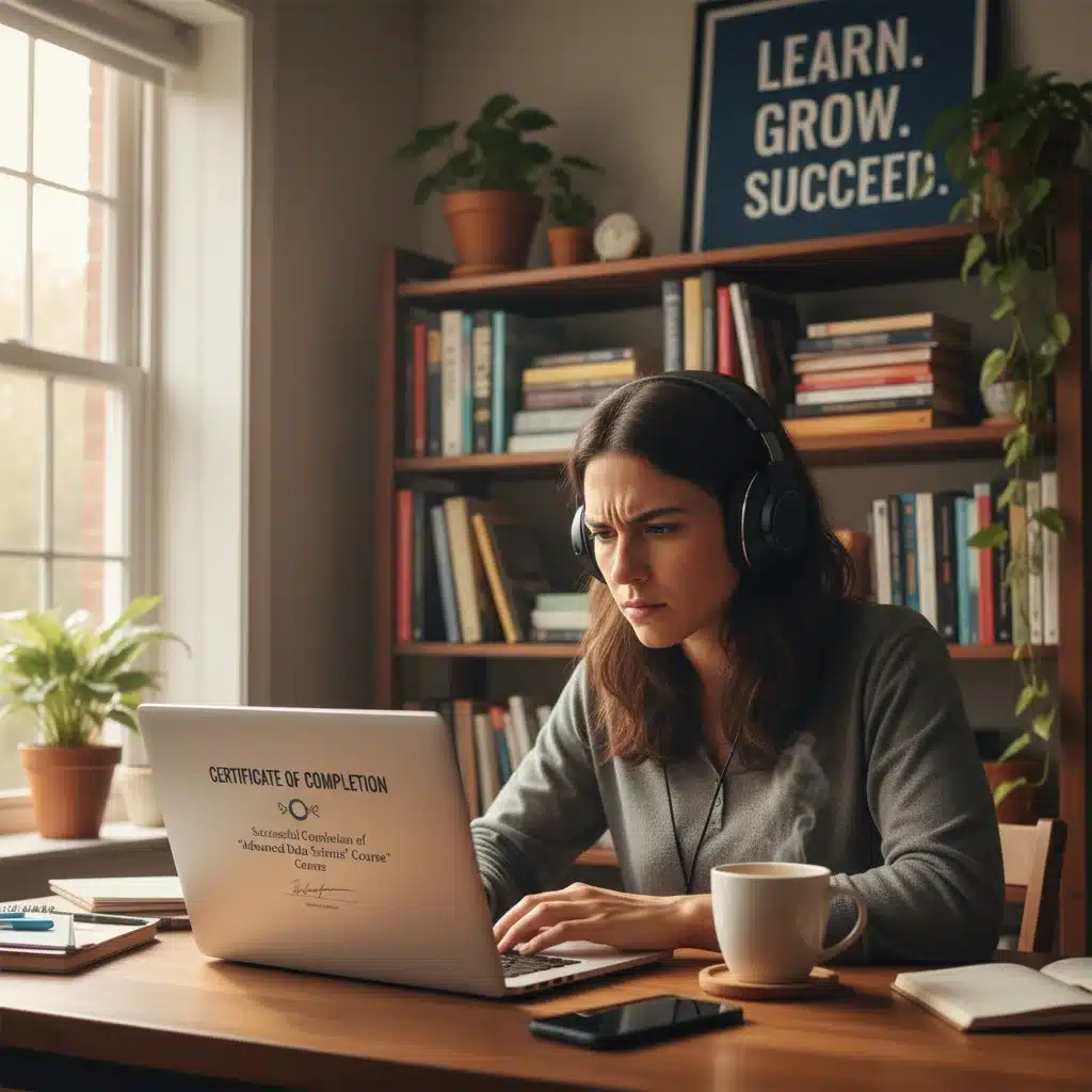 Individual successfully completing an online course on a laptop, demonstrating career advancement