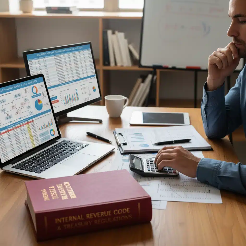 Individual analyzing tax code and financial statements with a calculator and laptop, symbolizing expert tax planning and consultation.